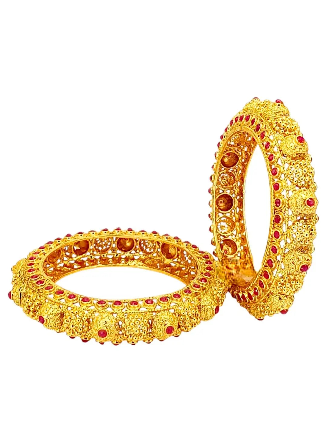 Set Of 2 Gold Plated Red Stone Handmade Bangles