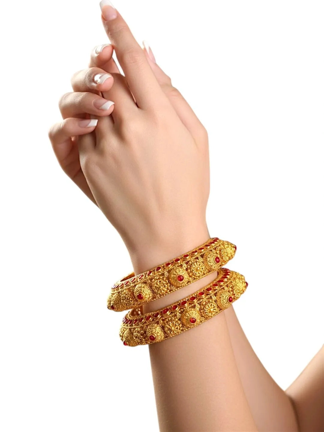Set Of 2 Gold Plated Red Stone Handmade Bangles