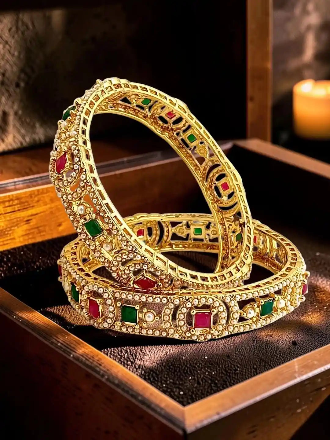 Set Of 2 Gold Plated Geometric Cutout Design Bangle Set