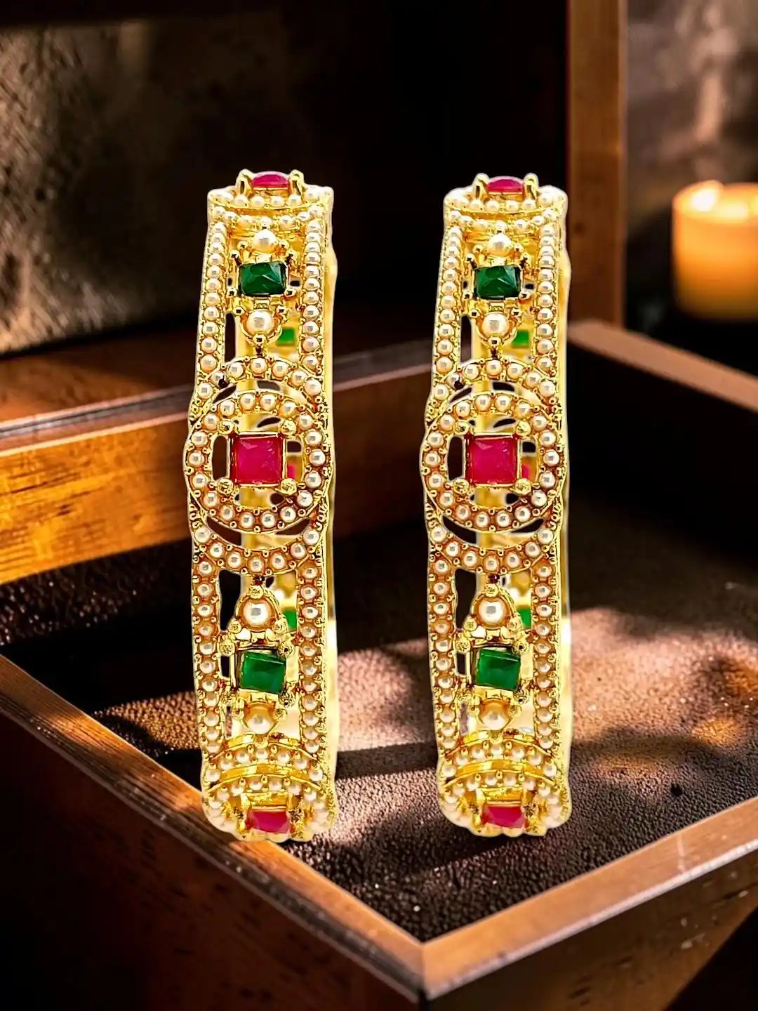 Set Of 2 Gold Plated Geometric Cutout Design Bangle Set