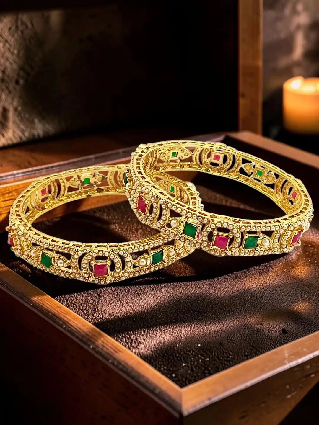 Set Of 2 Gold Plated Geometric Cutout Design Bangle Set