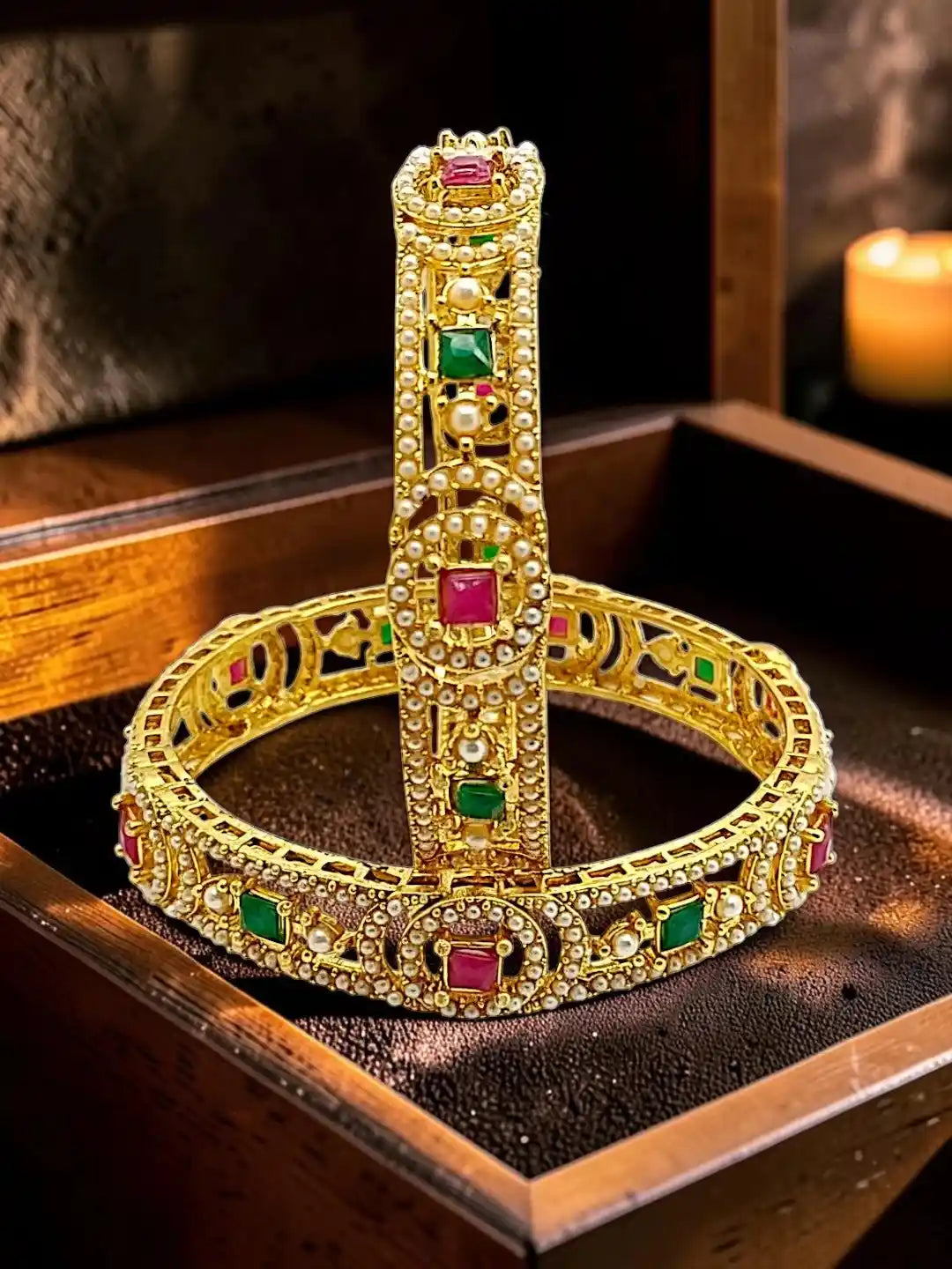 Set Of 2 Gold Plated Geometric Cutout Design Bangle Set
