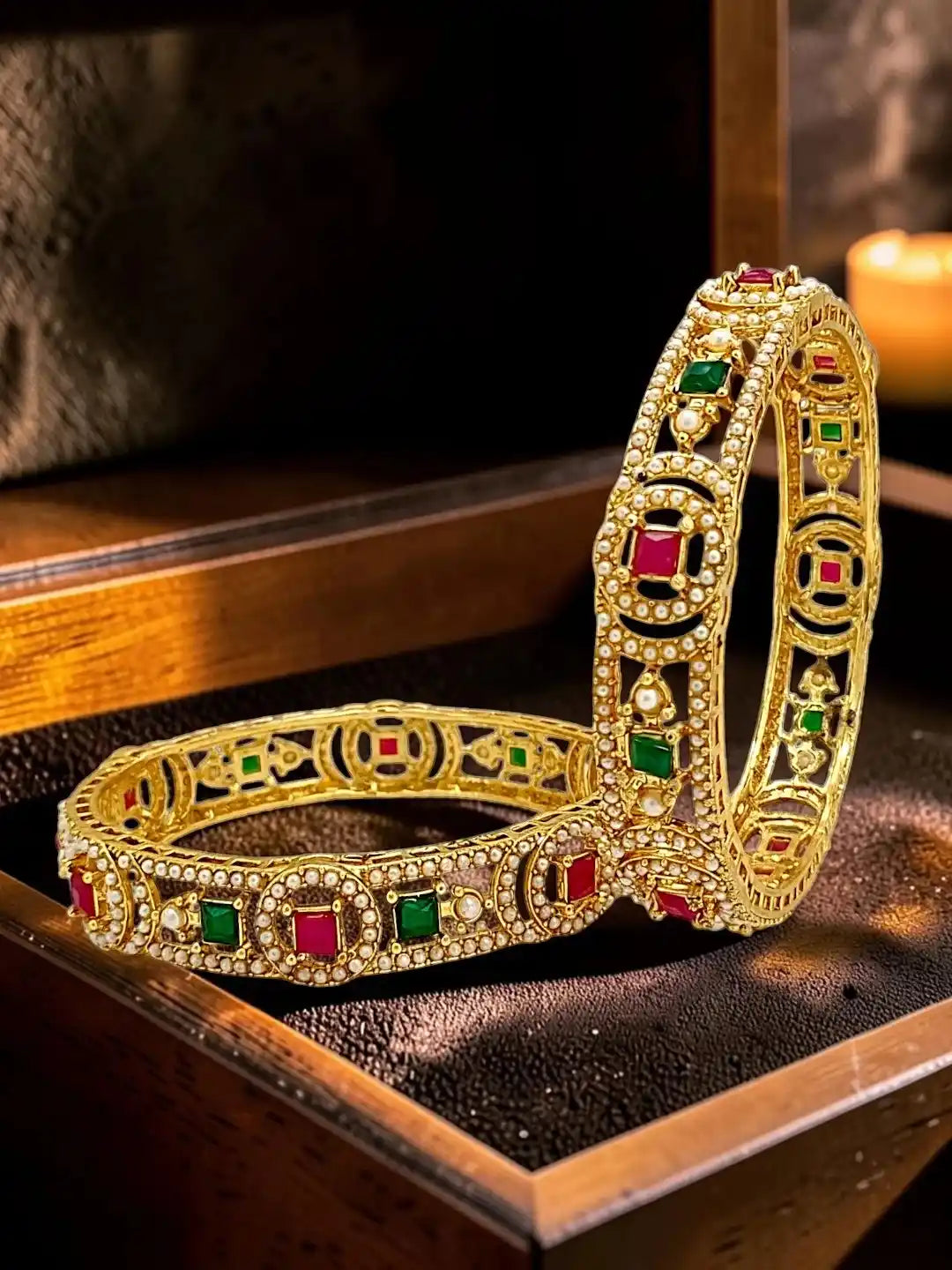 Set Of 2 Gold Plated Geometric Cutout Design Bangle Set