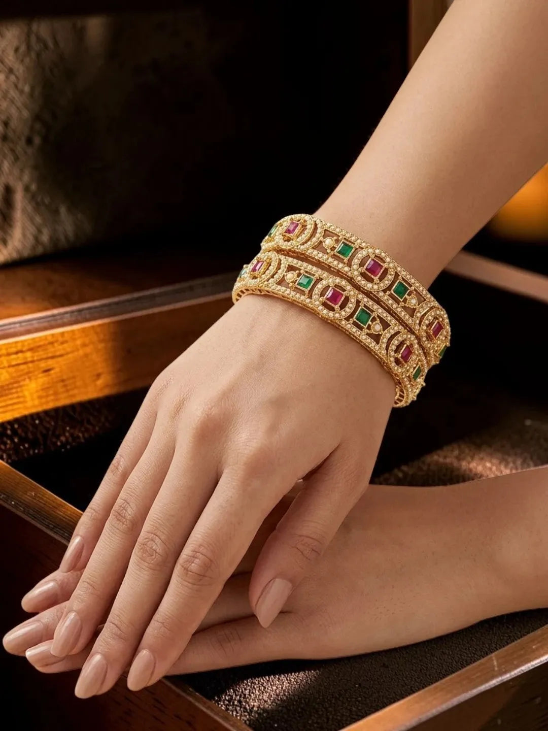 Set Of 2 Gold Plated Geometric Cutout Design Bangle Set