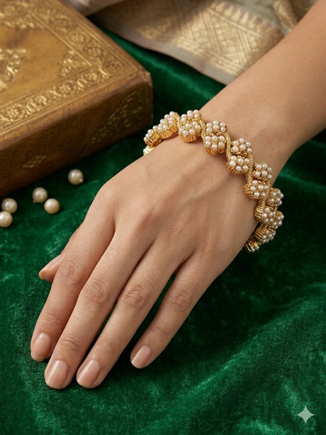 Set Of 2 Gold Plated Floral Beads Design Bangle Set