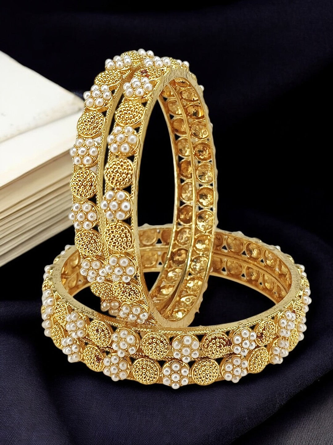 Set Of 4 Gold Plated White Beads Embellished Bangle Set