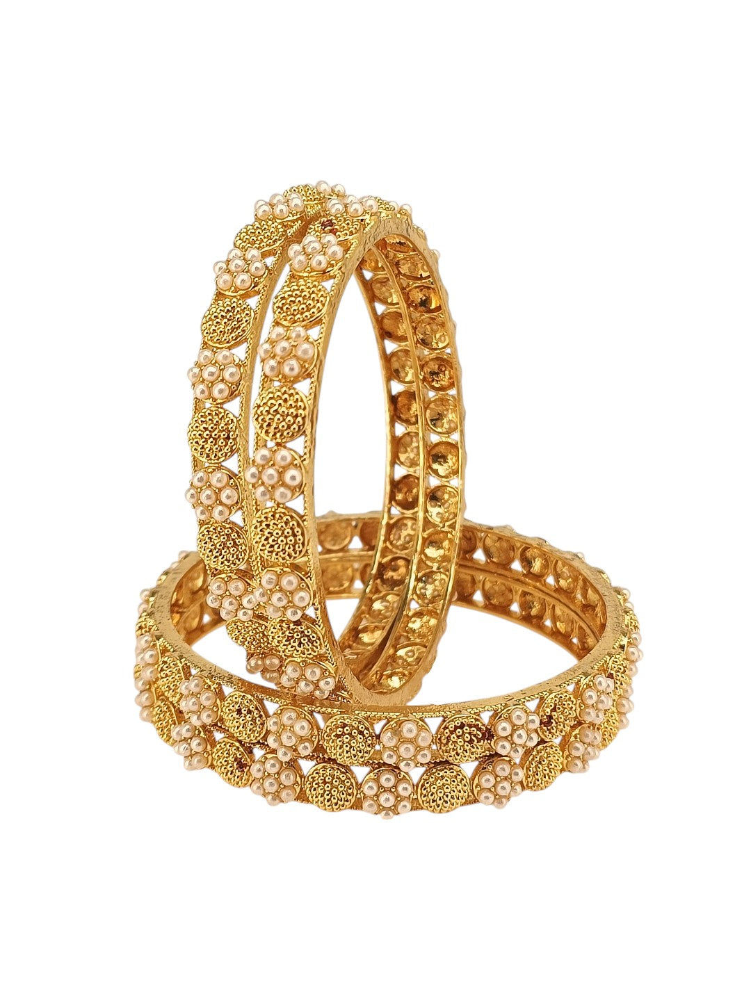 Set Of 4 Gold Plated White Beads Embellished Bangle Set