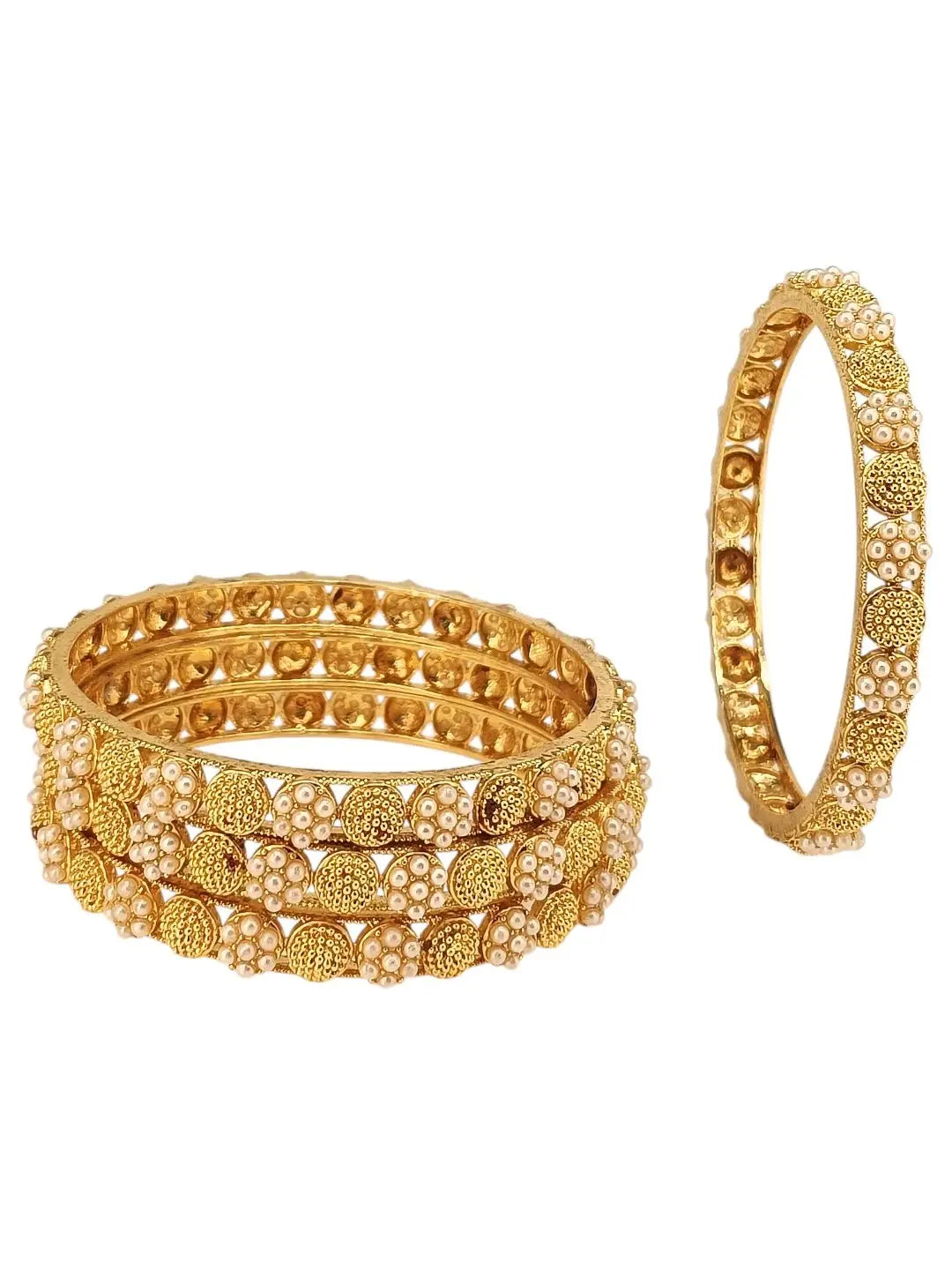 Set Of 4 Gold Plated White Beads Embellished Bangle Set