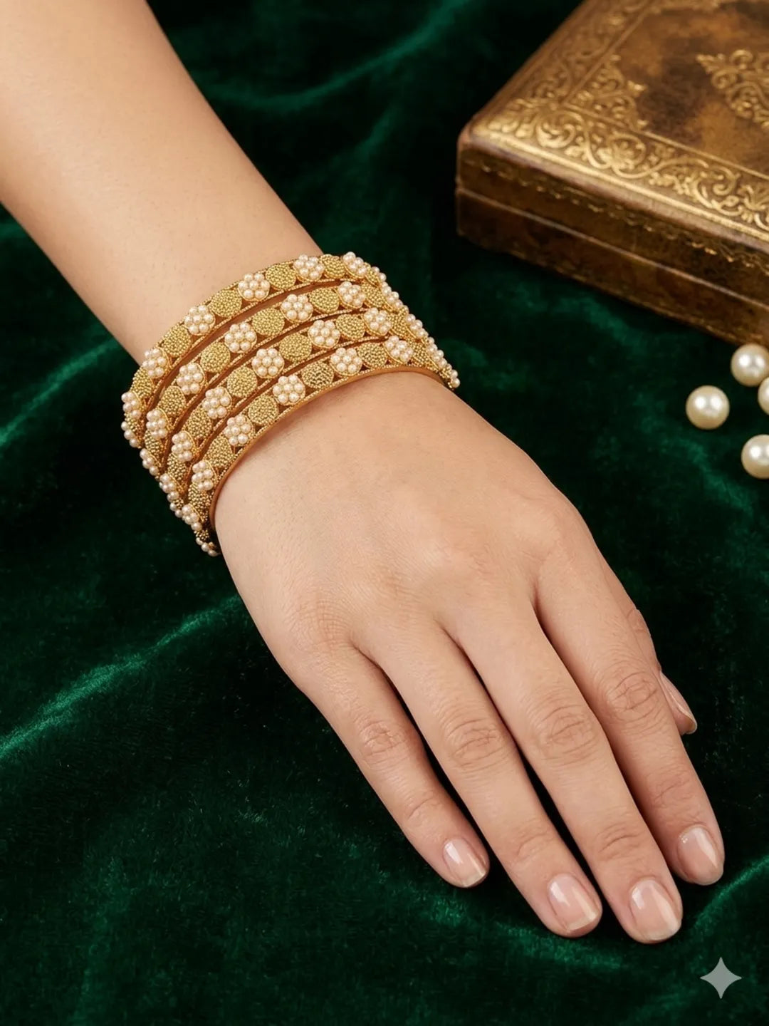 Set Of 4 Gold Plated White Beads Embellished Bangle Set