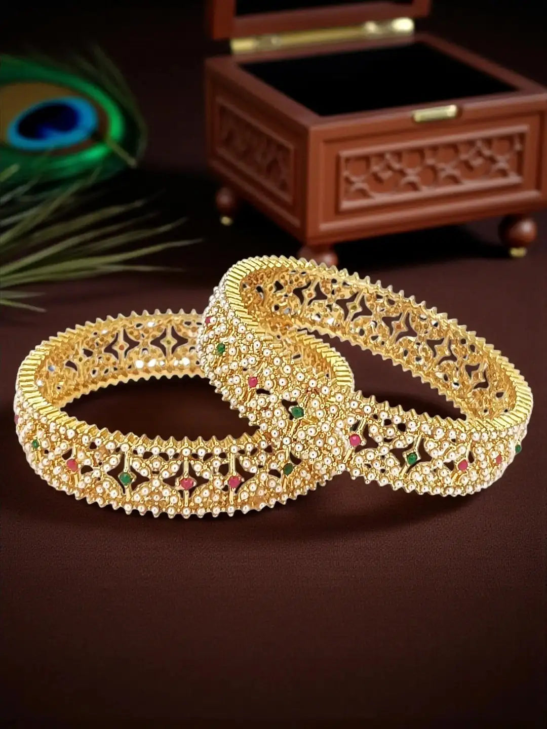 Set Of 2 Gold Plated Beads Mesh Bangle