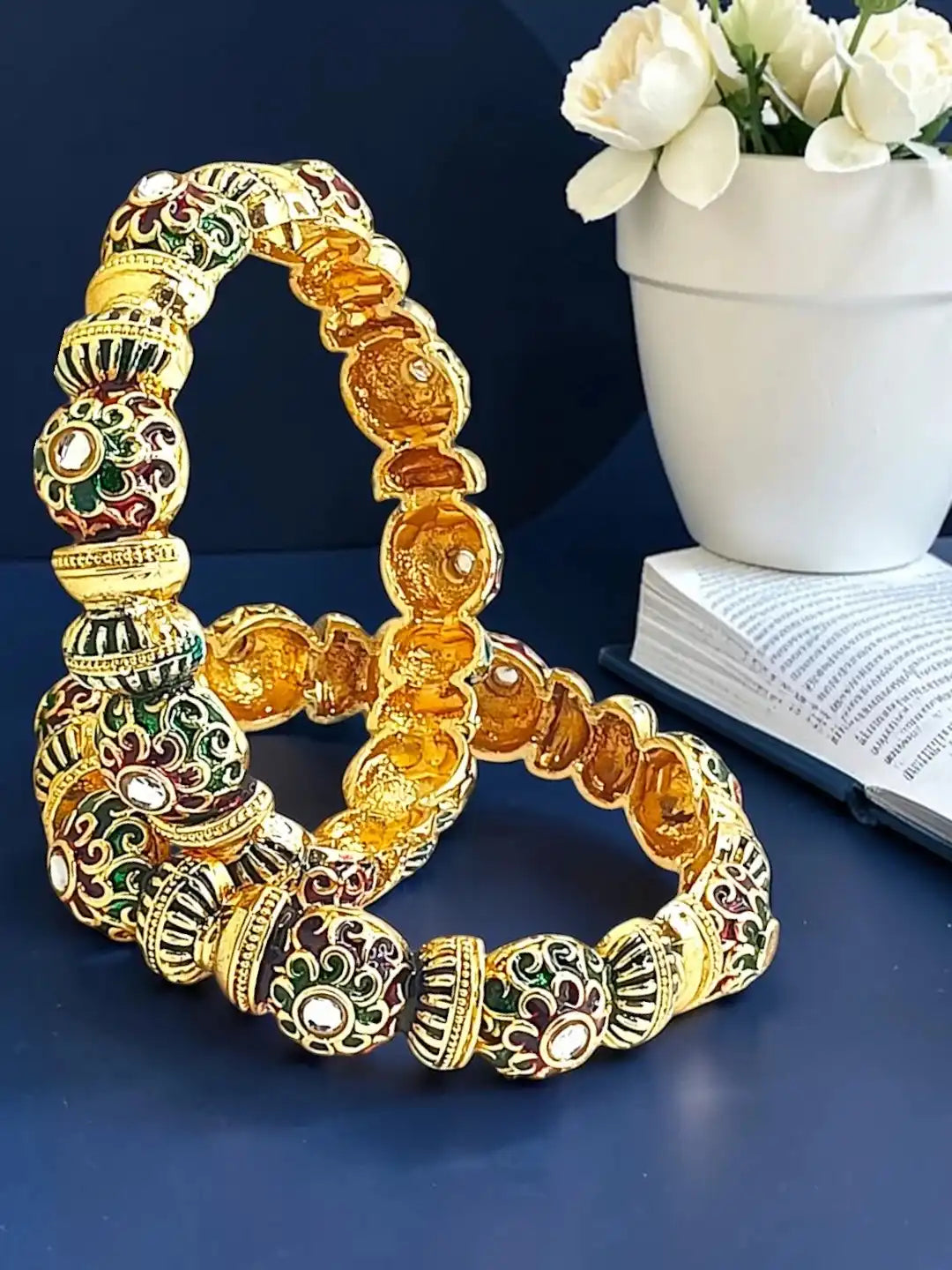 Gold Plated Set Of 2 Meenakari Kundan Bangles