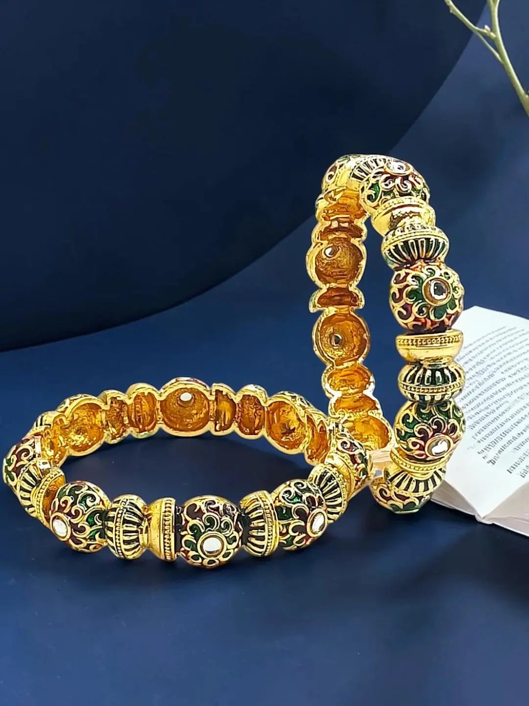 Gold Plated Set Of 2 Meenakari Kundan Bangles