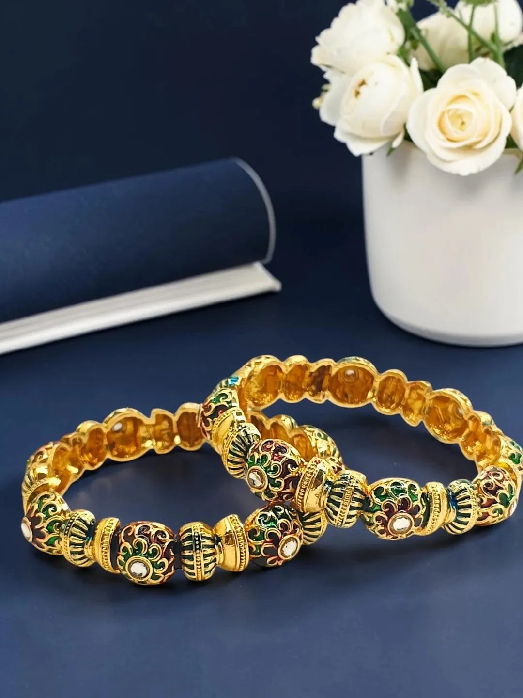 Gold Plated Set Of 2 Meenakari Kundan Bangles