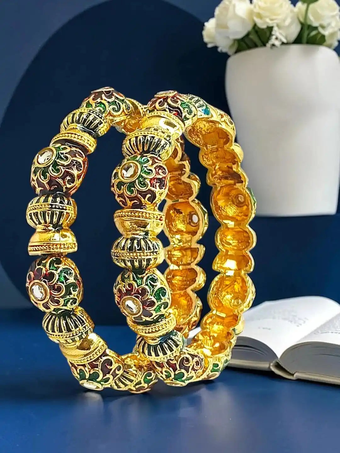 Gold Plated Set Of 2 Meenakari Kundan Bangles