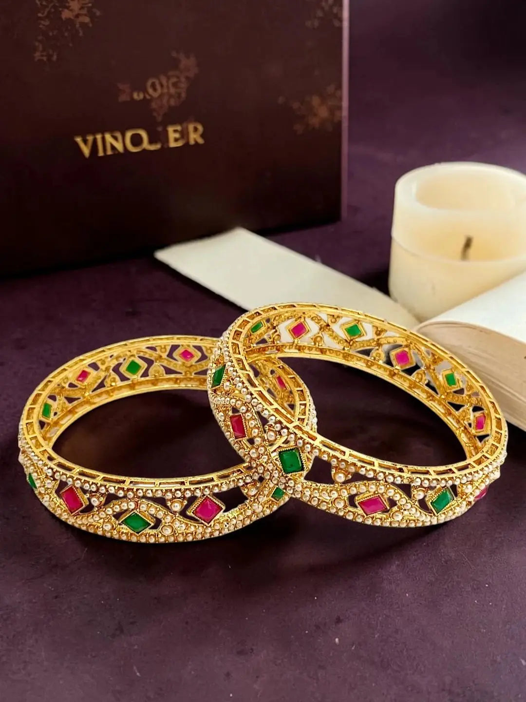 Set Of 2 Gold Plated Moti Bangle Set