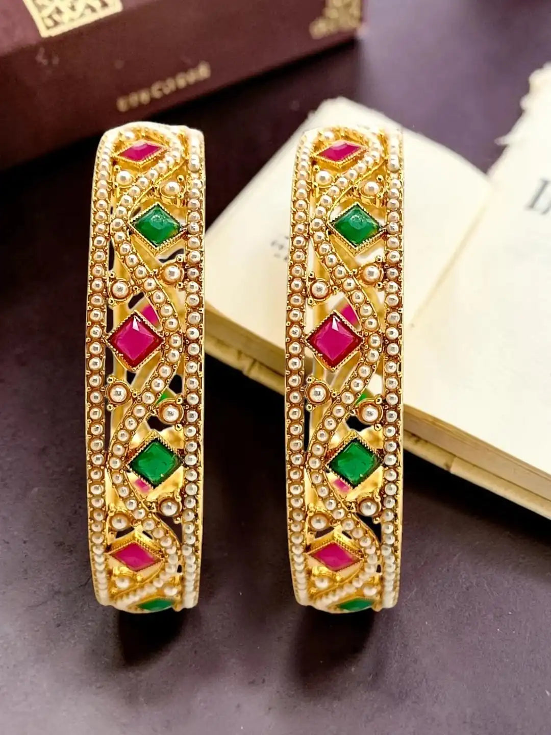 Set Of 2 Gold Plated Moti Bangle Set