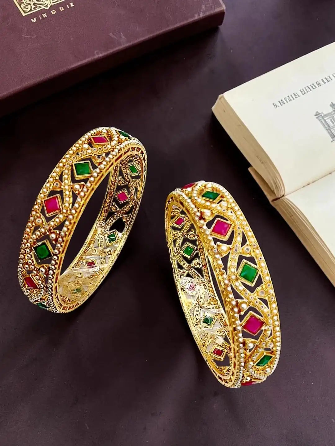 Set Of 2 Gold Plated Moti Bangle Set