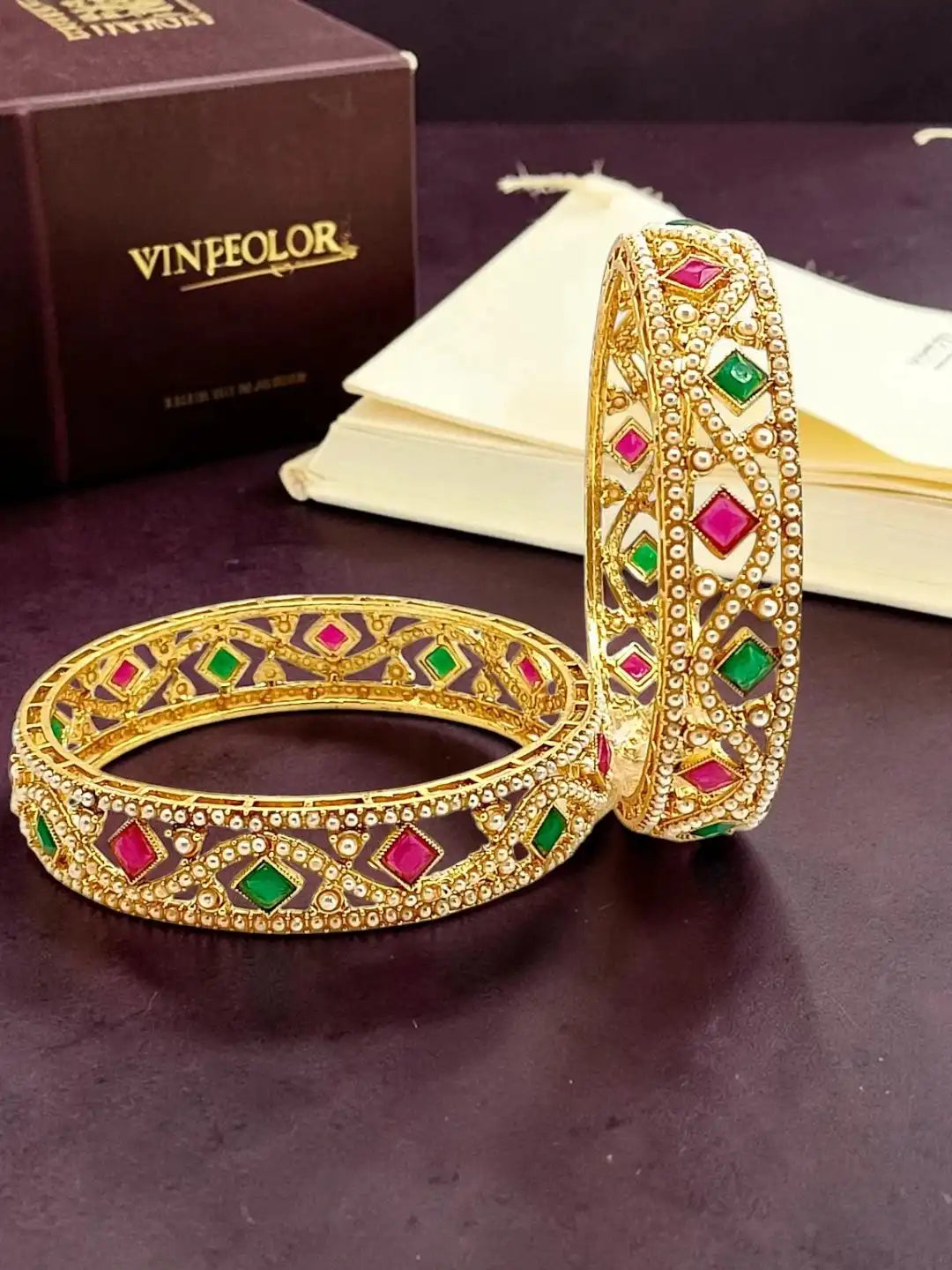 Set Of 2 Gold Plated Moti Bangle Set