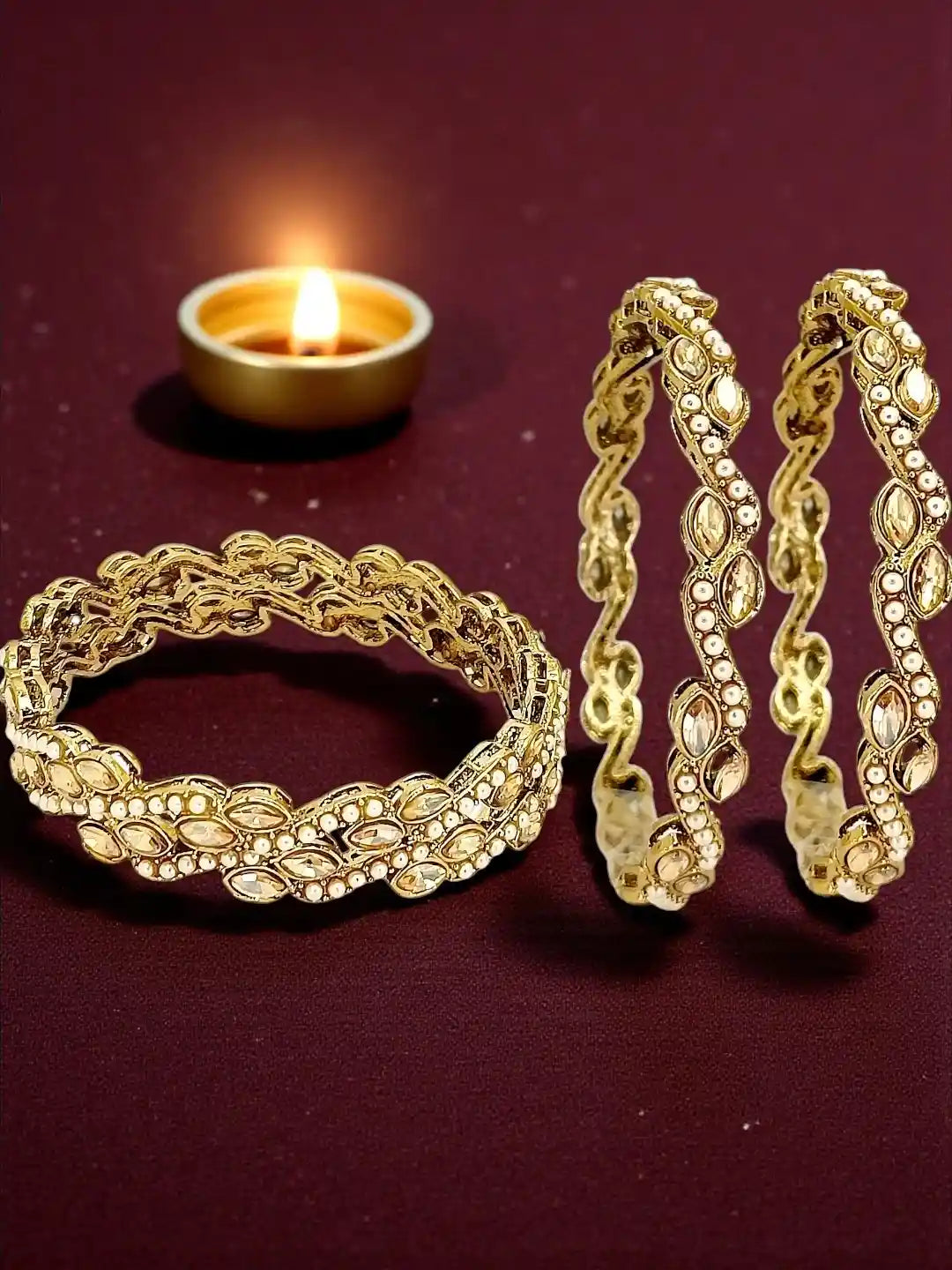 Set Of 4 Gold Plated Stone Studded & Beaded Bangle