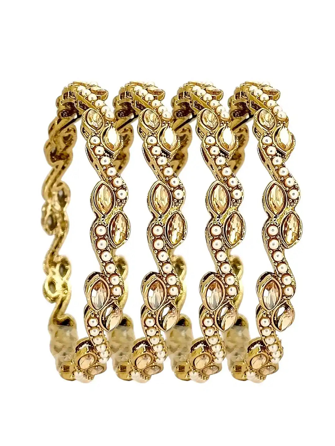 Set Of 4 Gold Plated Stone Studded & Beaded Bangle