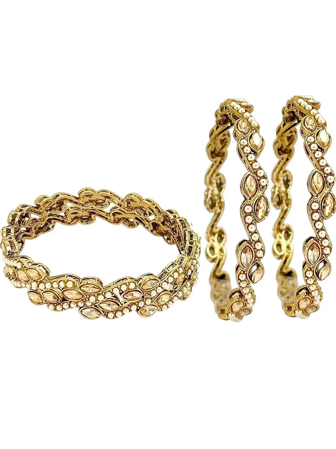 Set Of 4 Gold Plated Stone Studded & Beaded Bangle