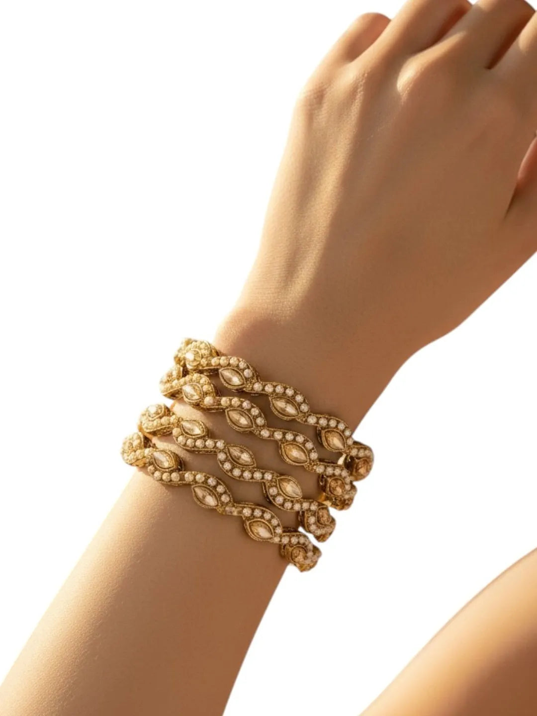 Set Of 4 Gold Plated Stone Studded & Beaded Bangle