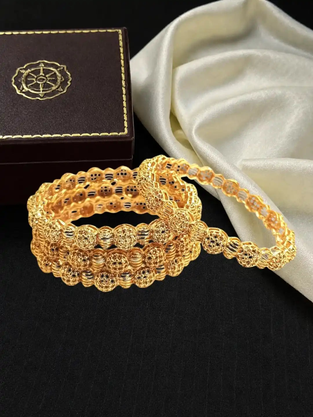 Set Of 4 Gold Plated Filigree Carved Style Bangles