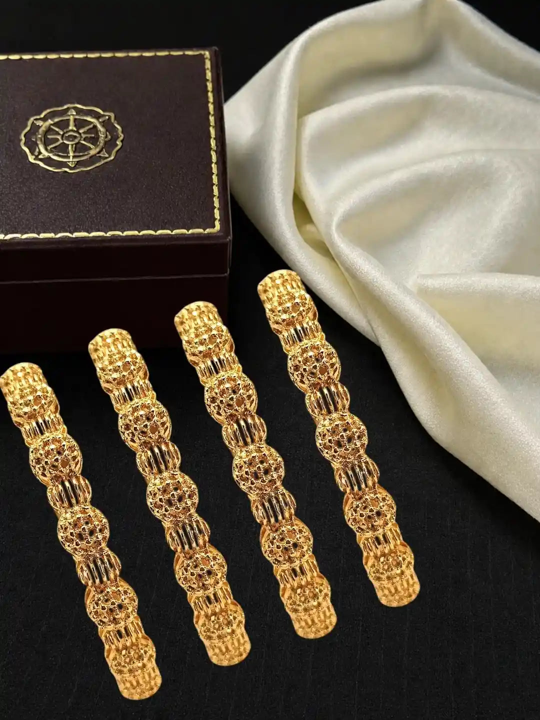 Set Of 4 Gold Plated Filigree Carved Style Bangles