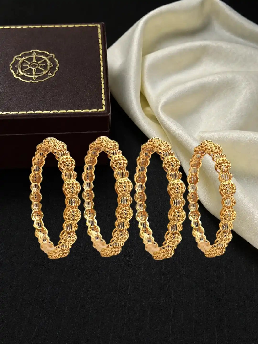 Set Of 4 Gold Plated Filigree Carved Style Bangles
