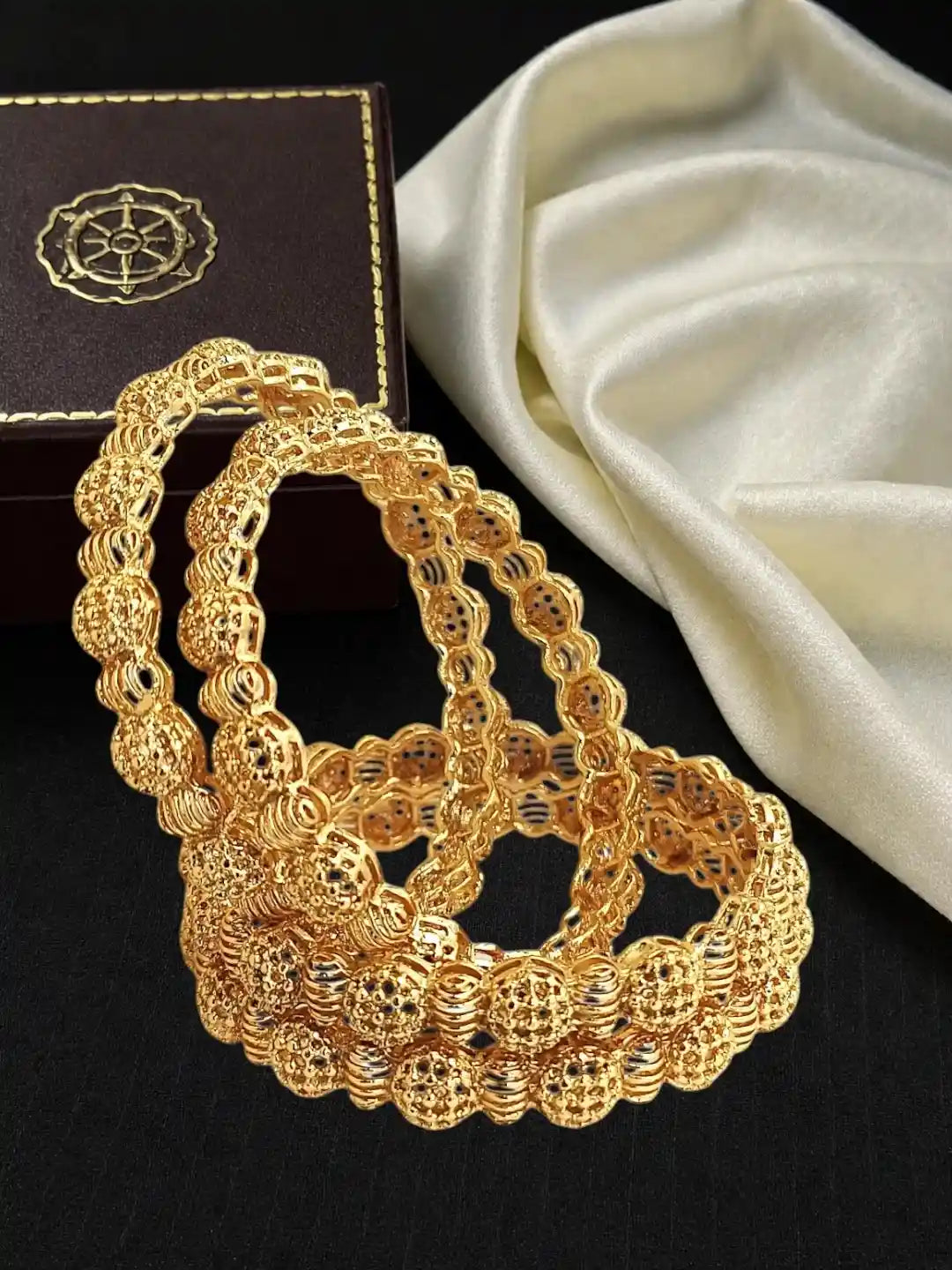 Set Of 4 Gold Plated Filigree Carved Style Bangles