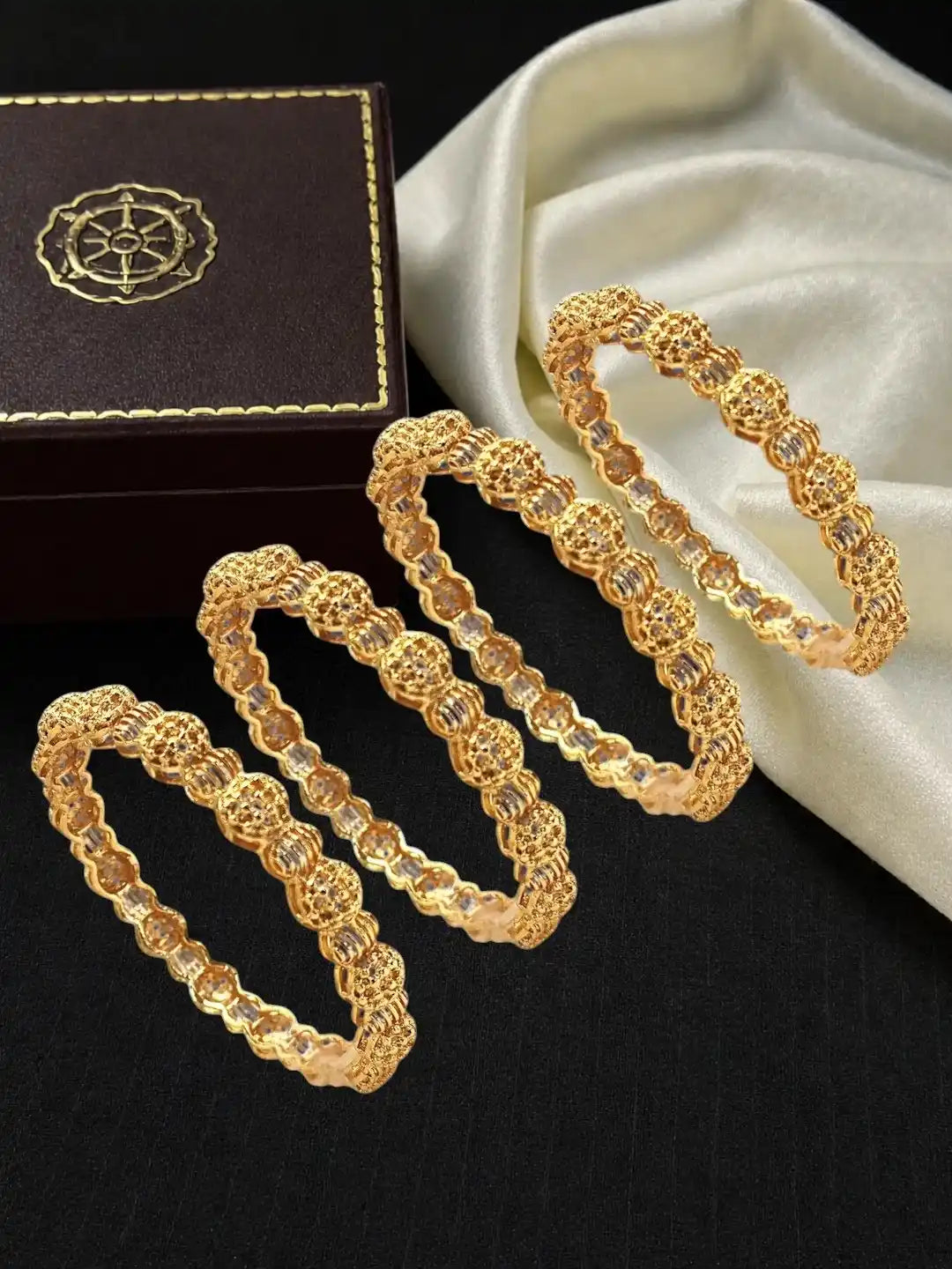 Set Of 4 Gold Plated Filigree Carved Style Bangles