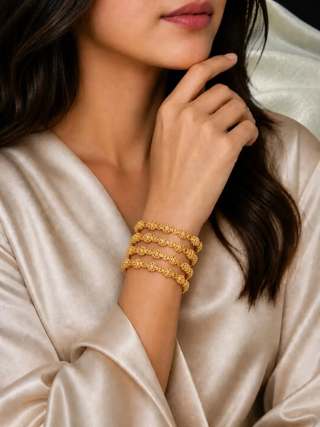 Set Of 4 Gold Plated Filigree Carved Style Bangles