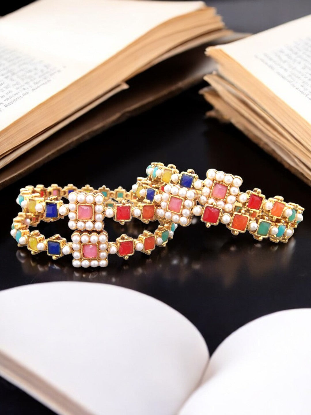 Set Of 4 Gold Plated Multicolour Stone & Beads Studded Bangles Set
