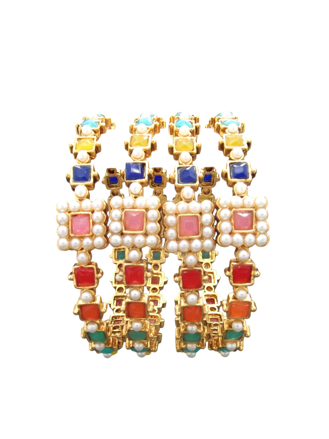 Set Of 4 Gold Plated Multicolour Stone & Beads Studded Bangles Set