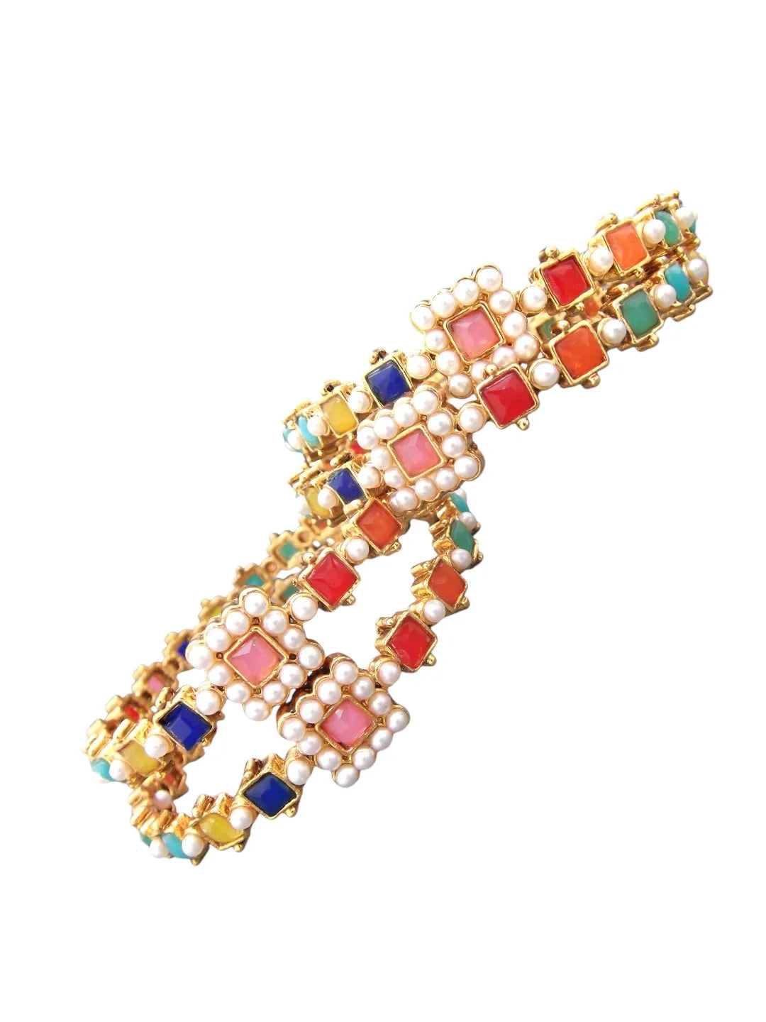 Set Of 4 Gold Plated Multicolour Stone & Beads Studded Bangles Set