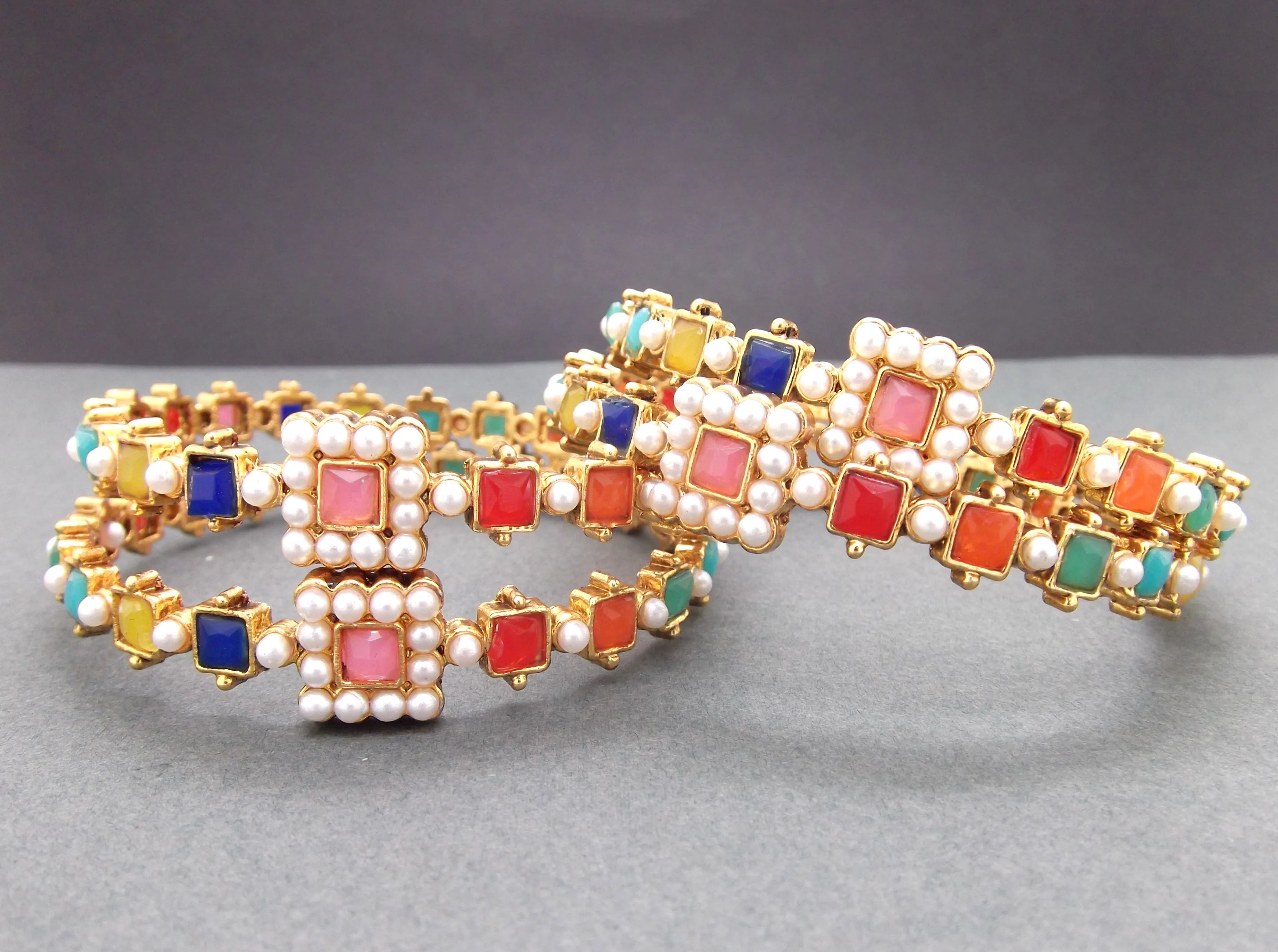 Set Of 4 Gold Plated Multicolour Stone & Beads Studded Bangles Set