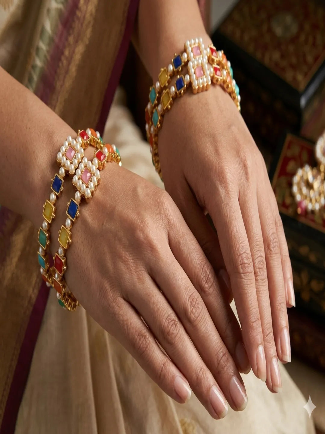 Set Of 4 Gold Plated Multicolour Stone & Beads Studded Bangles Set