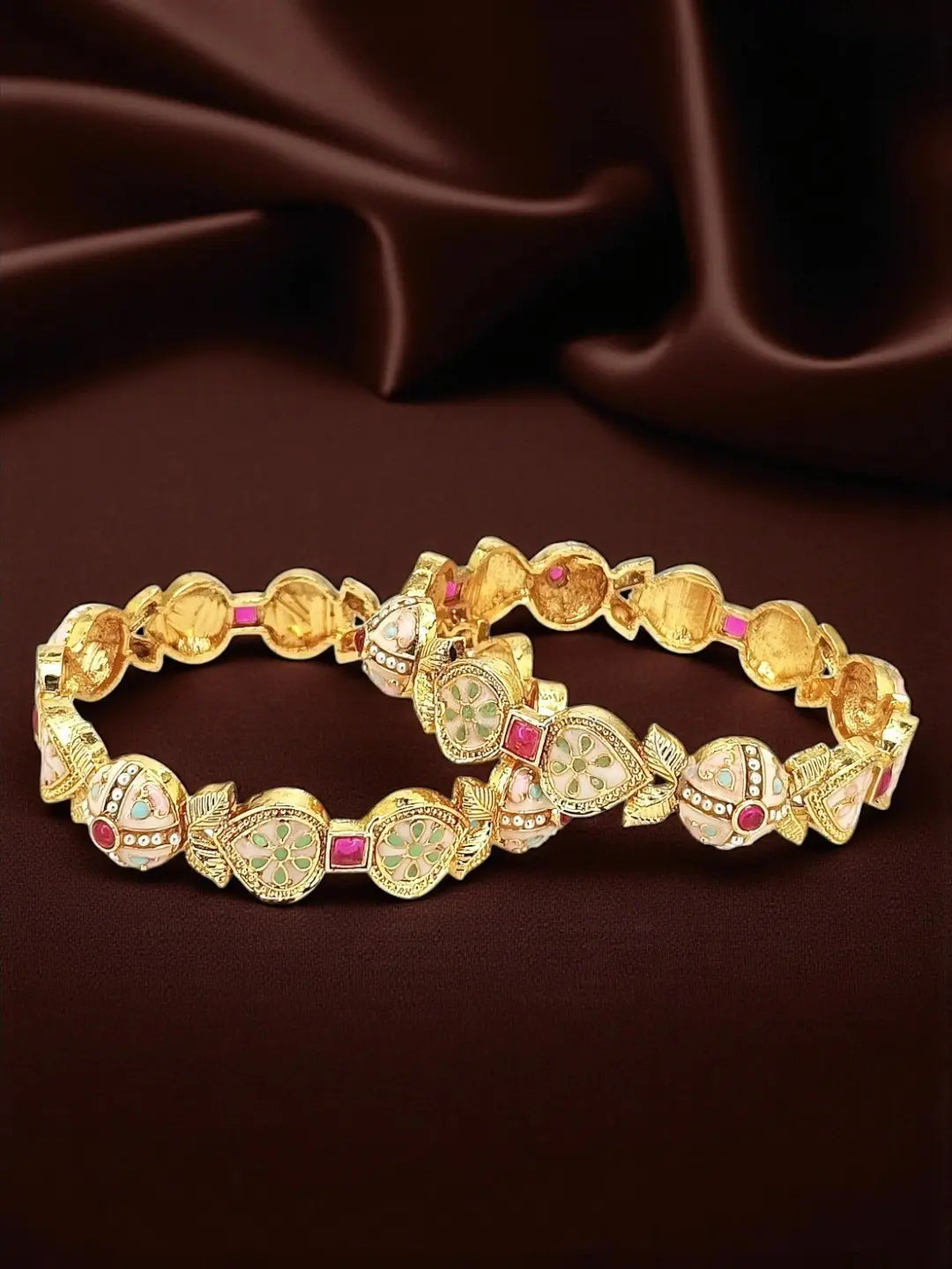 Set Of 2 Gold Plated Stone Studded & Beaded Bangle