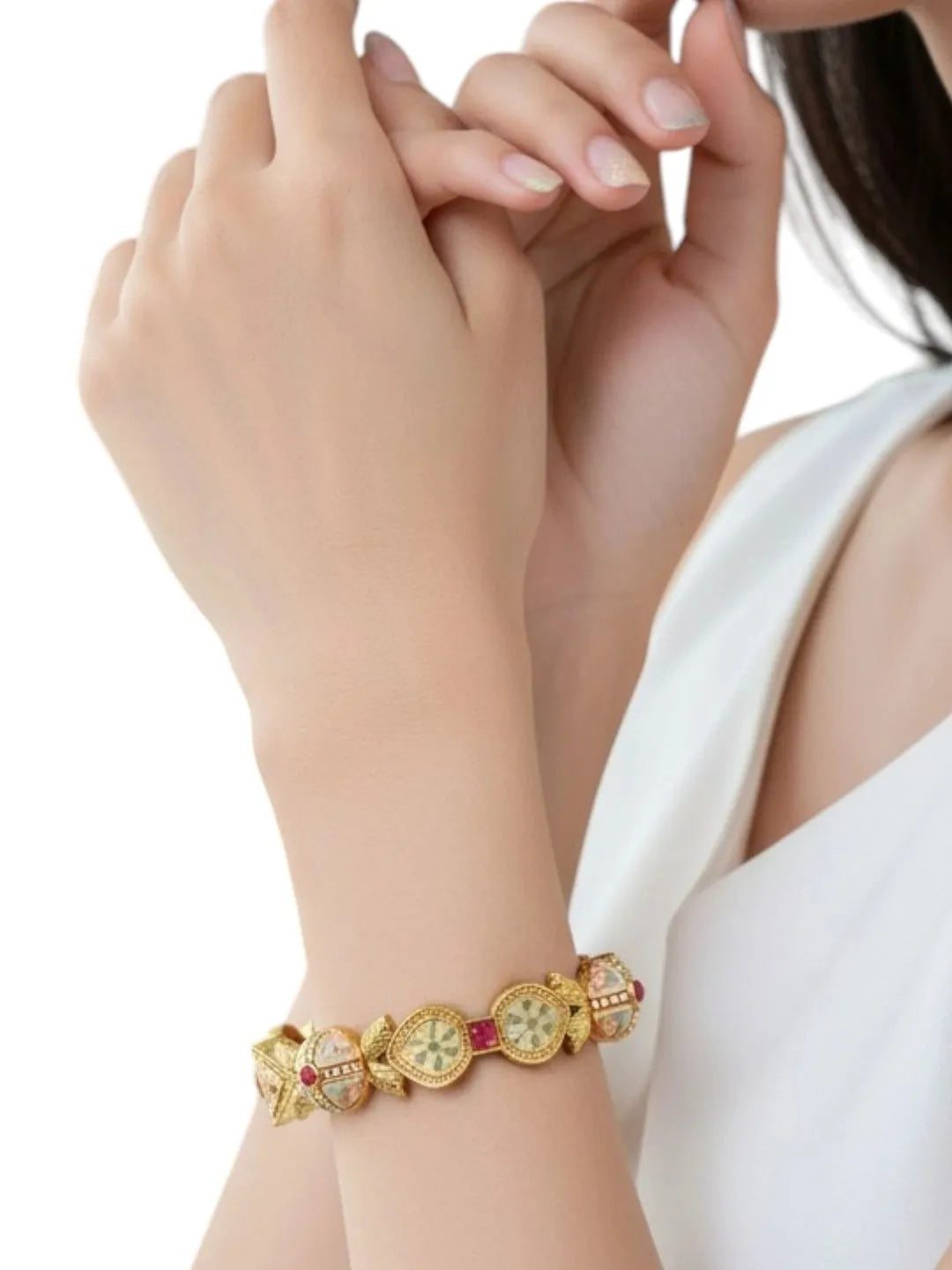 Set Of 2 Gold Plated Stone Studded & Beaded Bangle