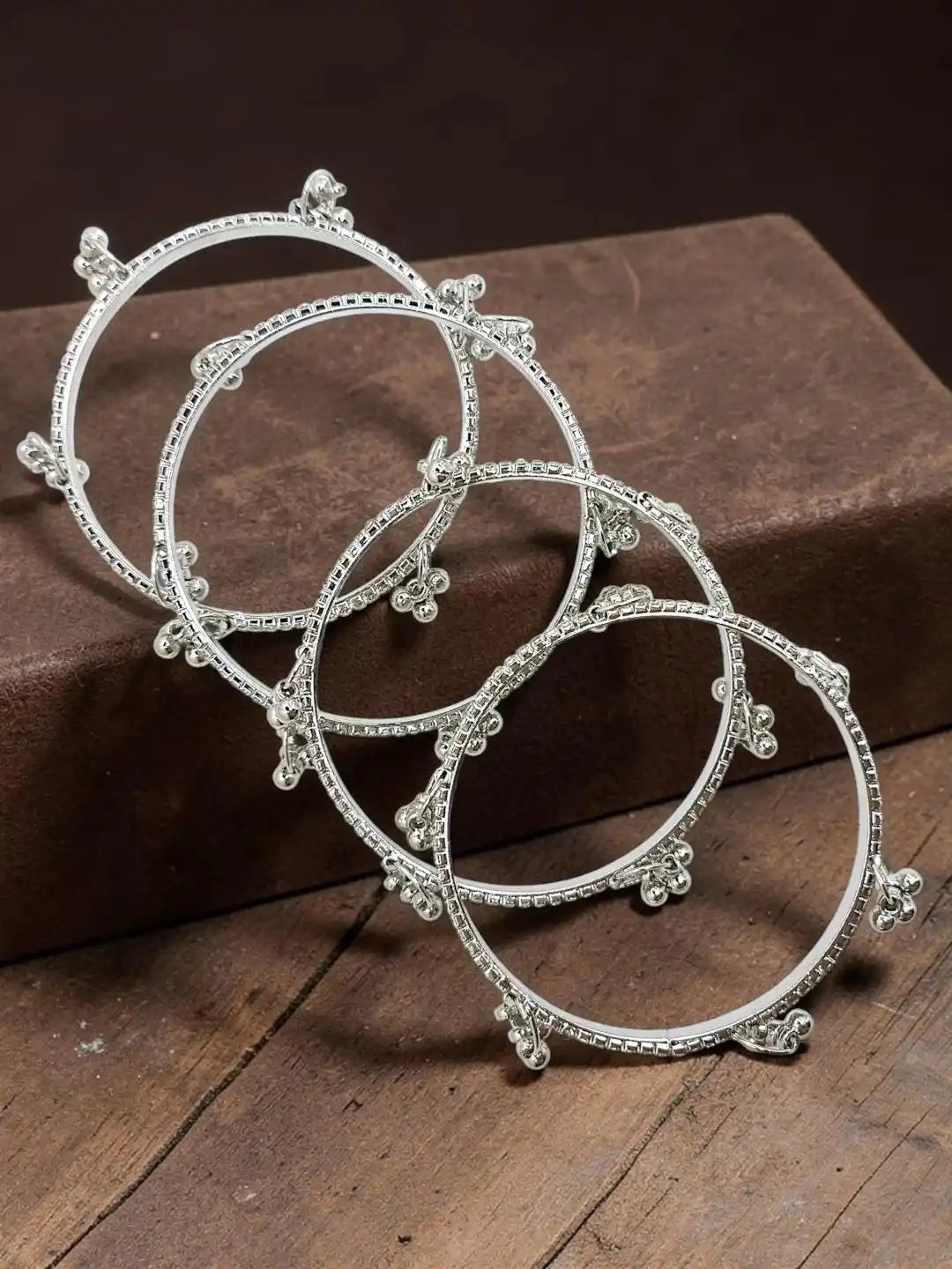 Silver Plated Set Of 4 CZ Kashmiri Ghungroo Bangles