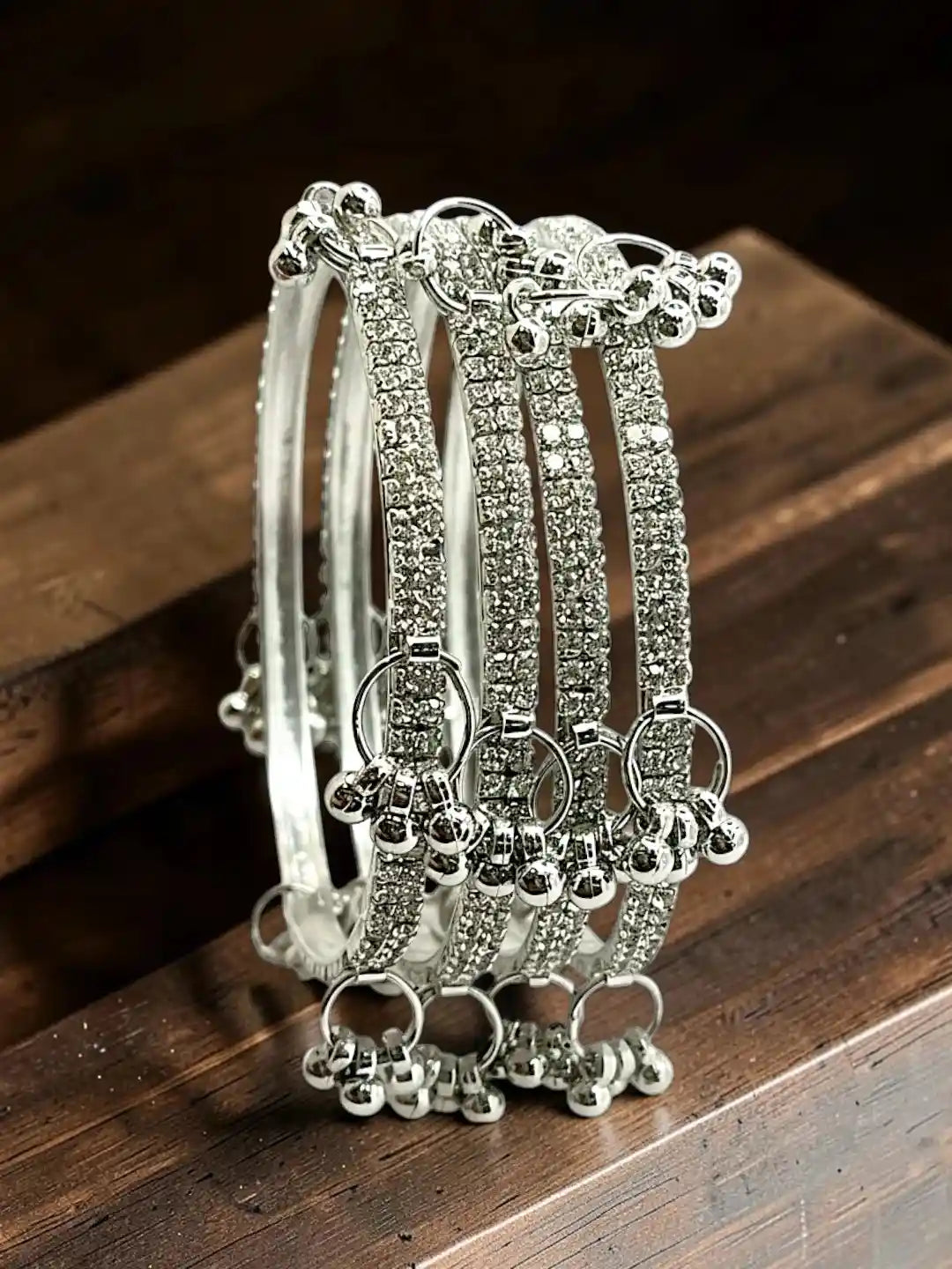 Silver Plated Set Of 4 CZ Kashmiri Ghungroo Bangles