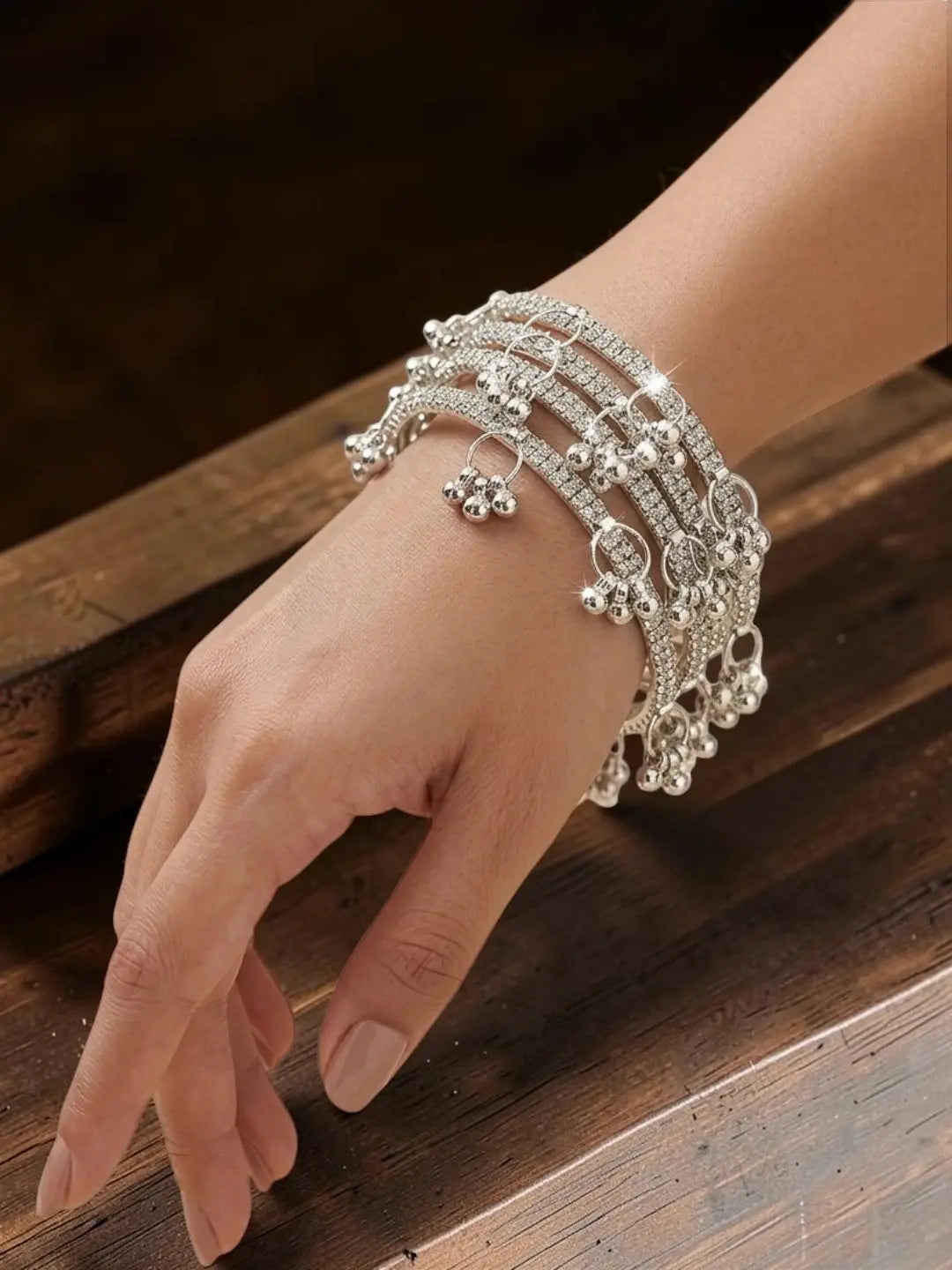 Silver Plated Set Of 4 CZ Kashmiri Ghungroo Bangles