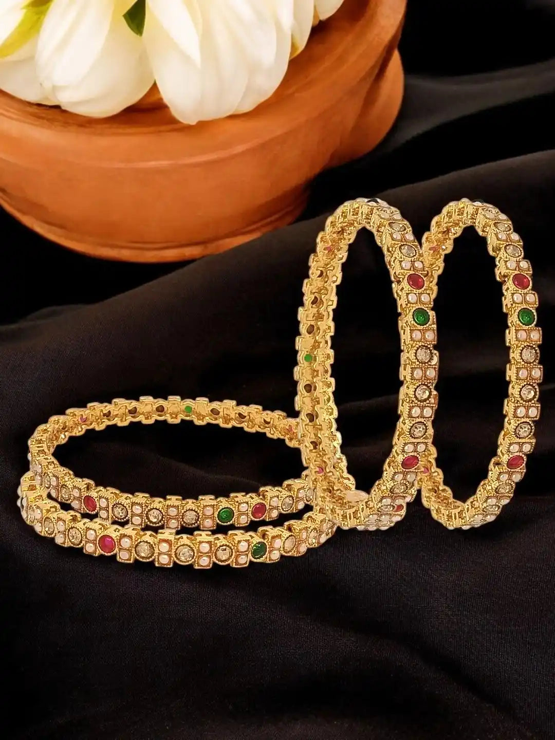 Set Of 4 Gold-Plated Stone Studded & Beaded Meenakari Bangles