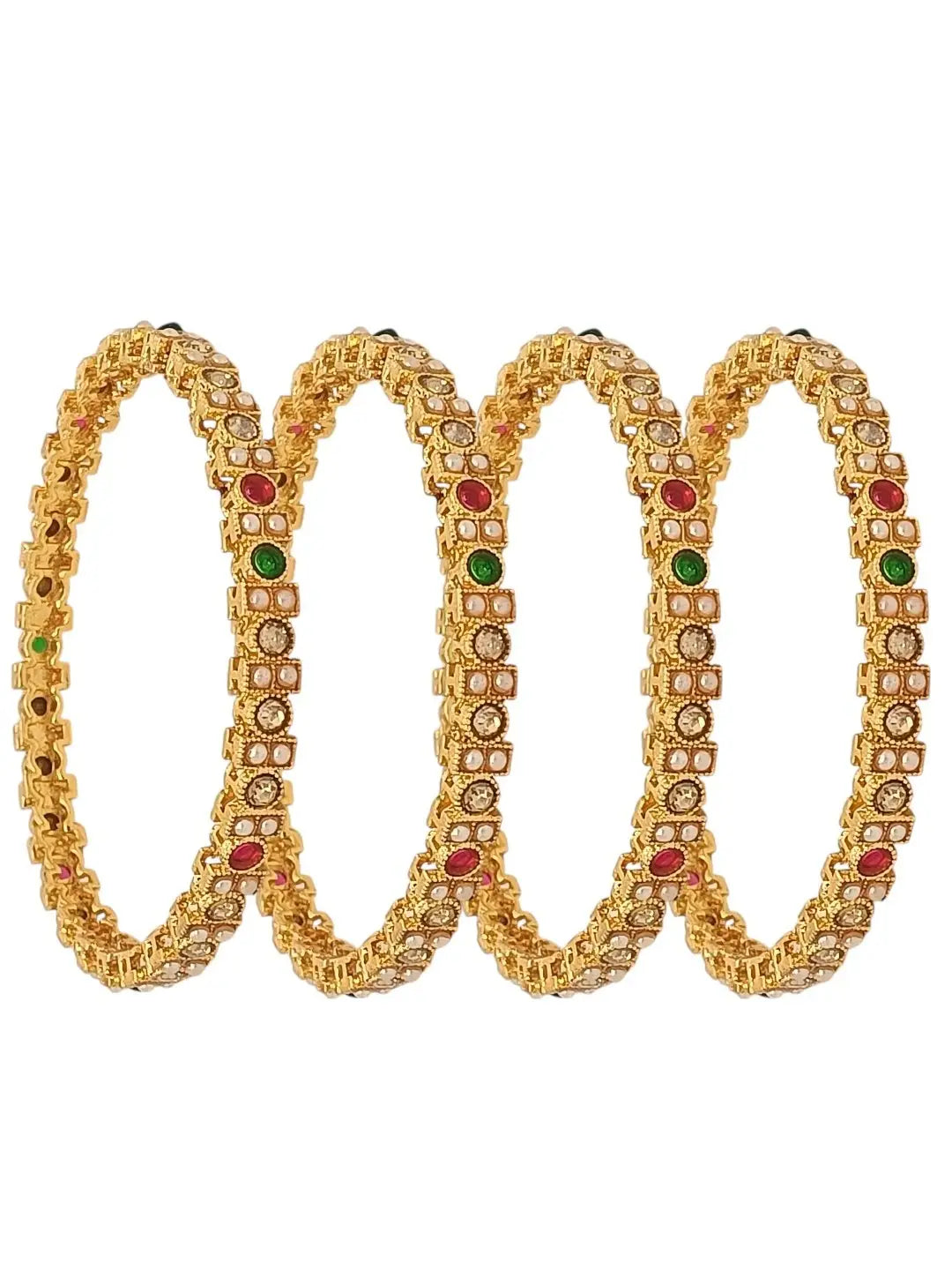 Set Of 4 Gold-Plated Stone Studded & Beaded Meenakari Bangles