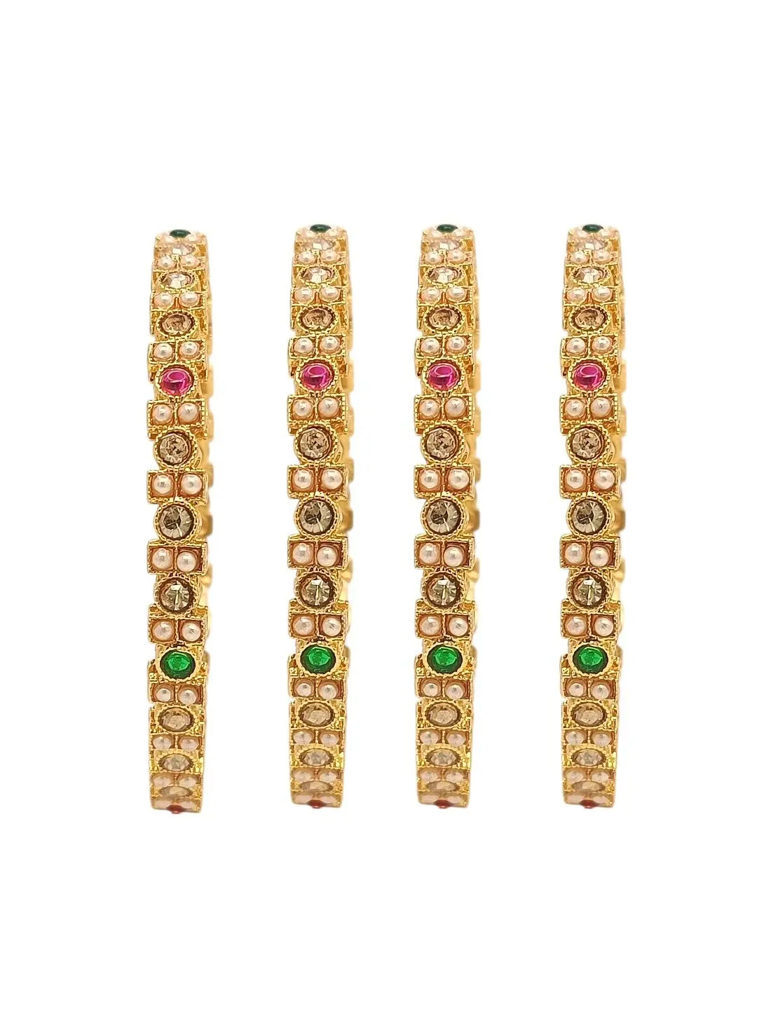 Set Of 4 Gold-Plated Stone Studded & Beaded Meenakari Bangles
