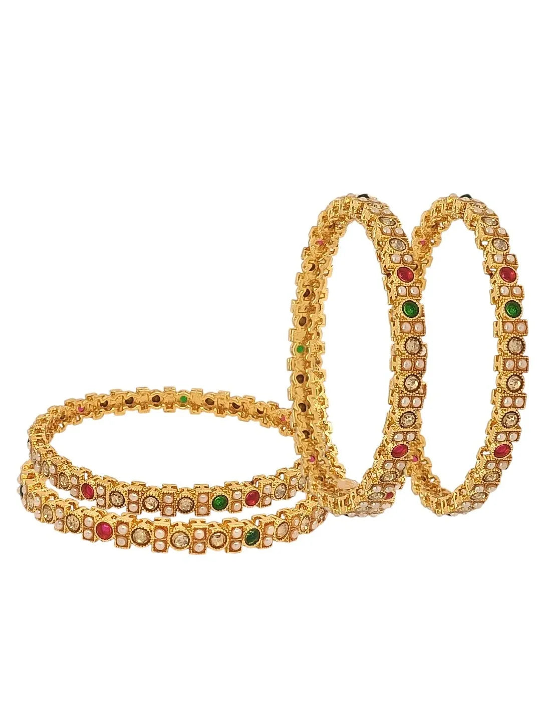 Set Of 4 Gold-Plated Stone Studded & Beaded Meenakari Bangles