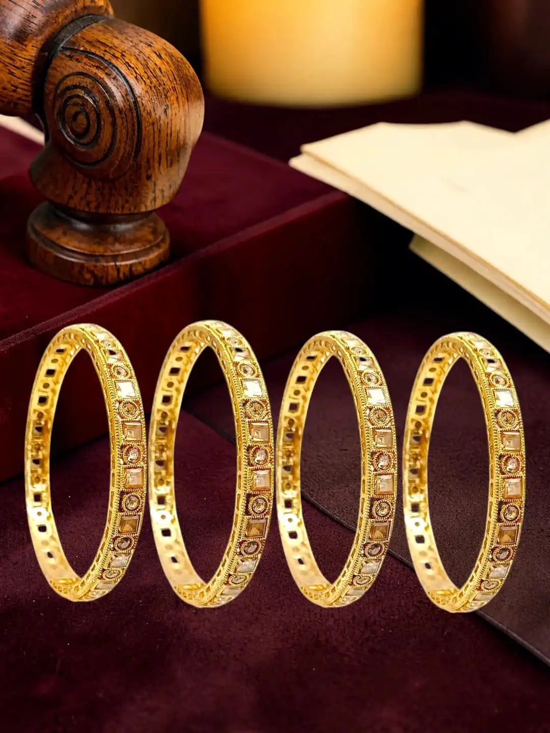 Set Of 4 Gold Plated CZ Fancy Bangles