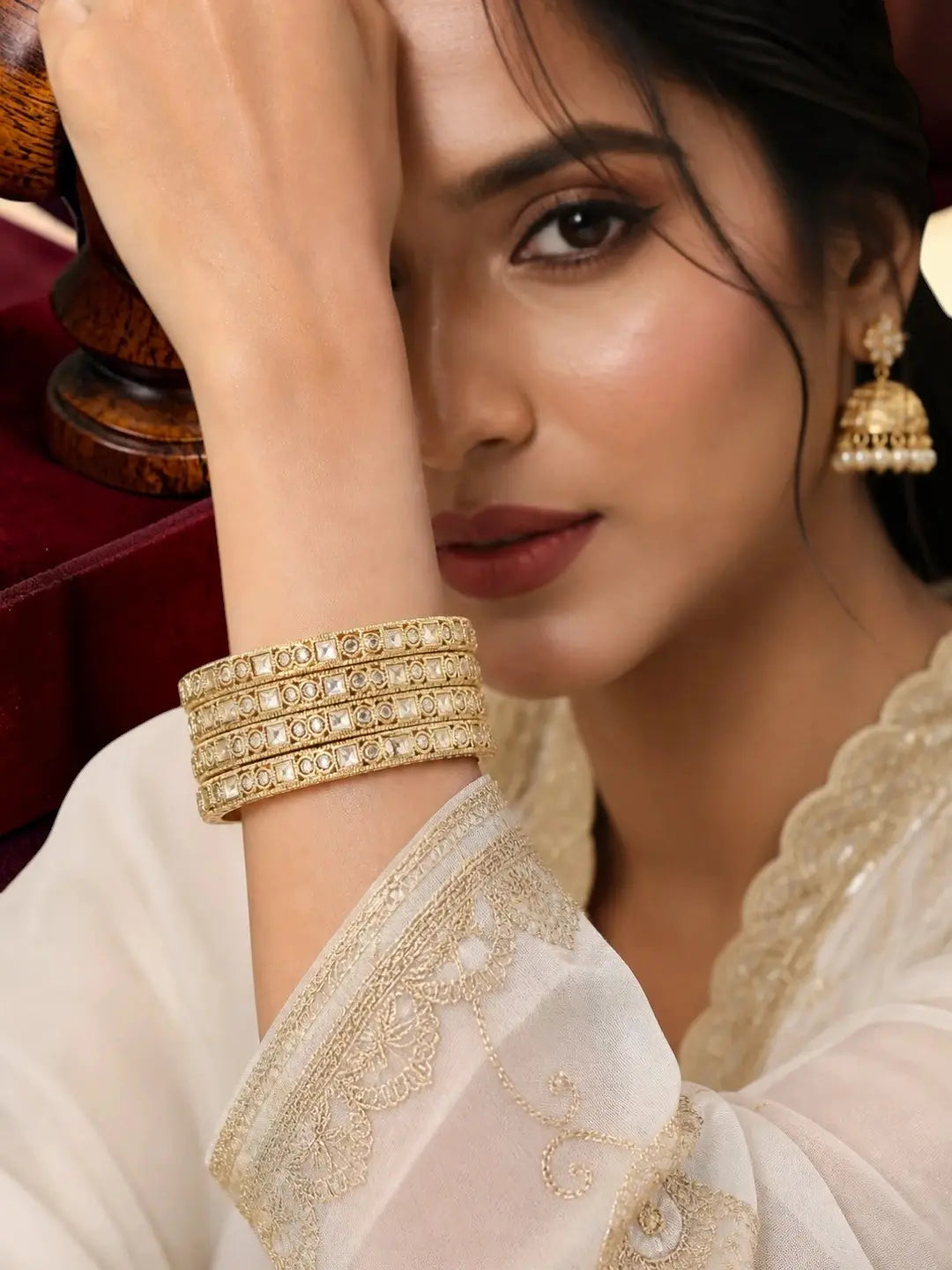 Set Of 4 Gold Plated CZ Fancy Bangles
