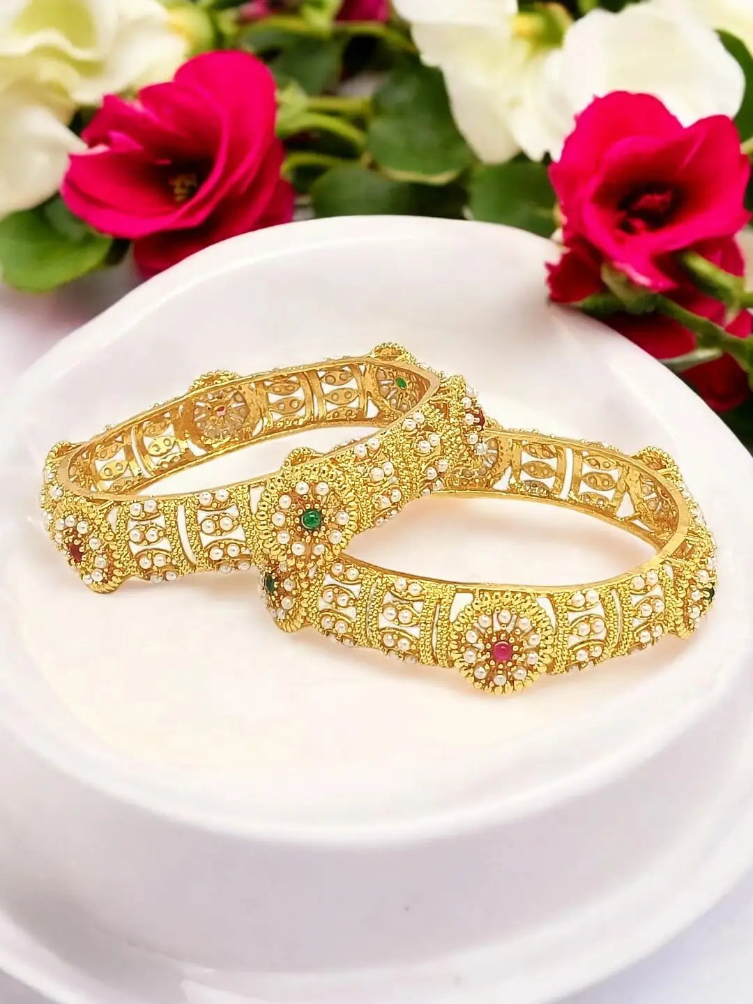 Set Of 2 Gold-Plated Stone Studded Kada Bangles