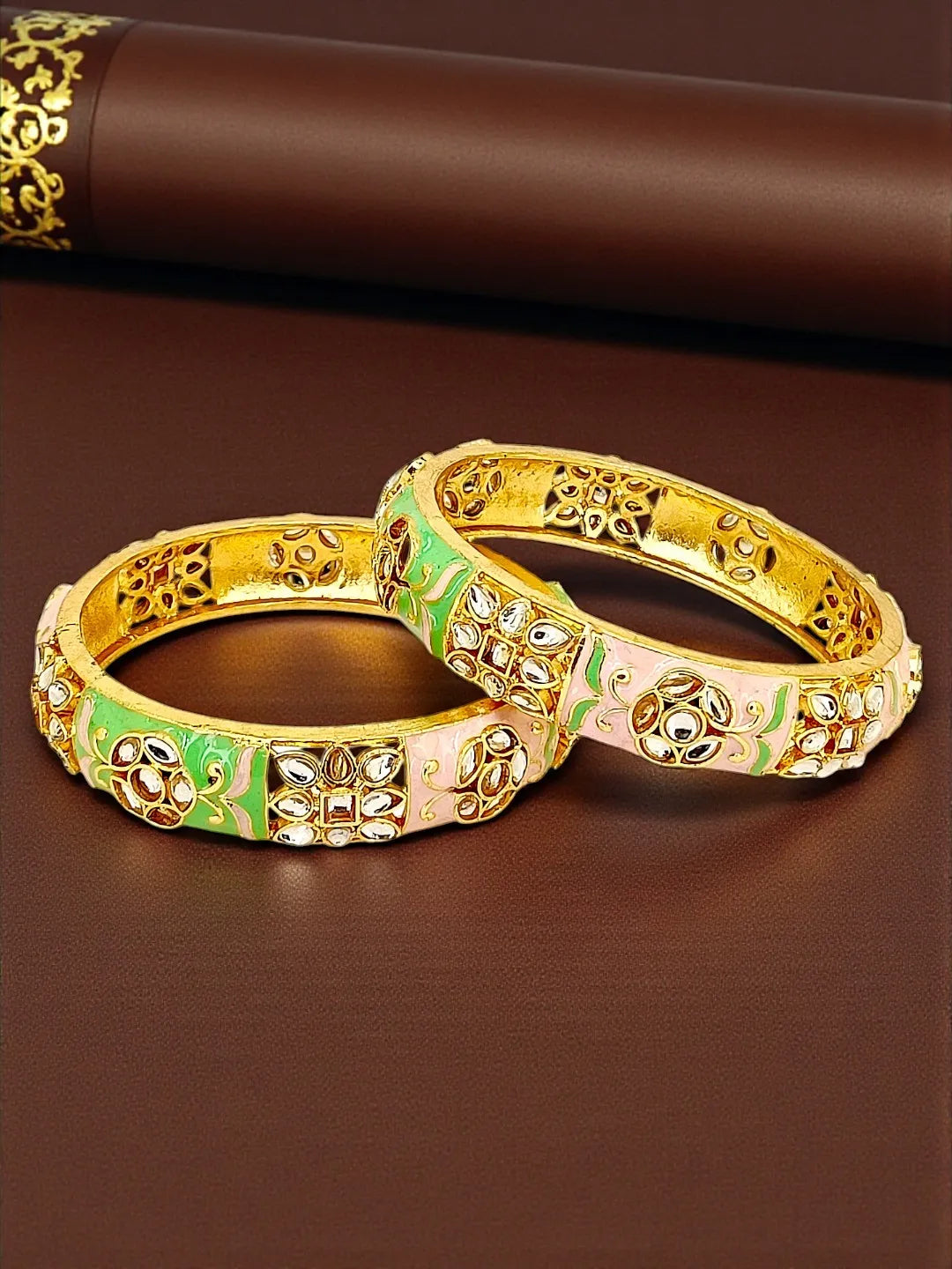 Gold Plated Set Of 2 Kundan Enamel Kada Bangles
